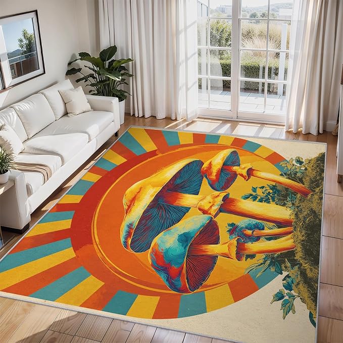 Mushroom Rugs for Home Decor, 8x10 ft, Mid Century Boho Sun Area Rugs for Living Room, Soft Non Slip Washable Retro Trippy Mushroom Carpet Bedroom Decorations Dt-Ghf-69