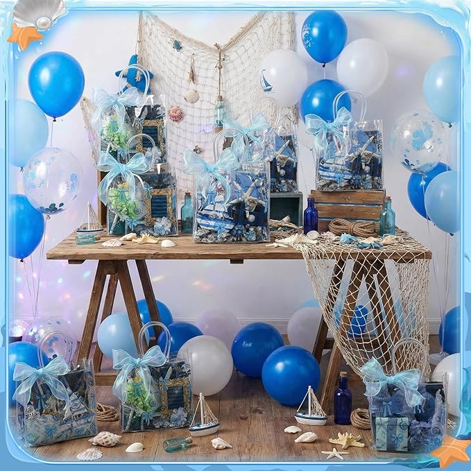 Motipuns 24 Pcs Clear PVC Gift Bags with Handles and Ribbon Party Favor Reusable Plastic Goodie Candy Treat Bags for Birthday Party Supplies(Ocean)