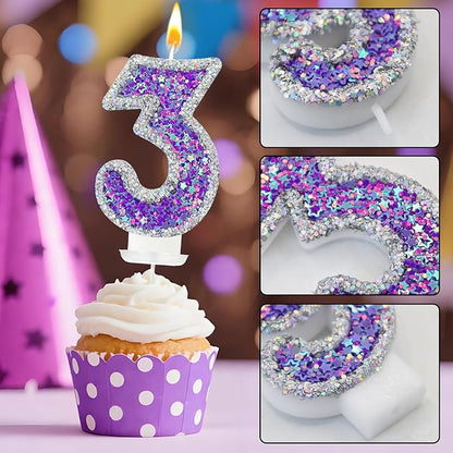 K-pop Number 3 Birthday Candle, Star Glitter Filled Number Candle, Purple Silver Fantasy Cake Topper for Birthday Party Decoration