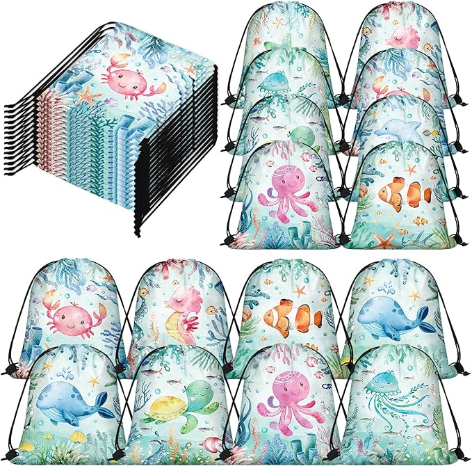 Sanwuta 18 Pcs Under the Sea Party Favor Bags Goodie Ocean Gift Drawstring Bags Beach Sea Animal Candy Treat Drawstring Backpack for Summer Birthday Party Decor Baby Shower Supplies (Modern Style)