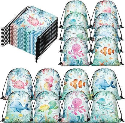 Sanwuta 18 Pcs Under the Sea Party Favor Bags Goodie Ocean Gift Drawstring Bags Beach Sea Animal Candy Treat Drawstring Backpack for Summer Birthday Party Decor Baby Shower Supplies (Modern Style)