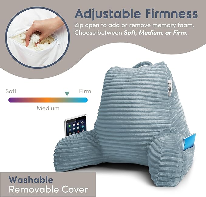 Nestl Reading Pillow with Shredded Memory Foam, Luxe Cut Plush Back Pillow for Sitting Up in Bed, Back and Arms Adjustable Support for Adult & Teens, Backrest Pillows with Washable Cover Stone Blue