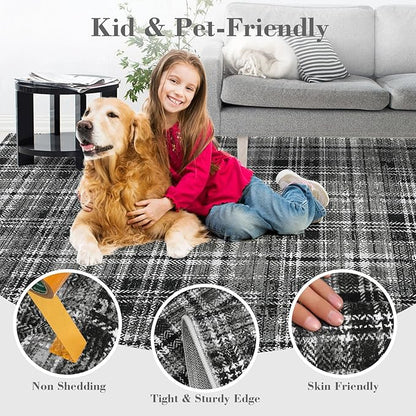 Washable Area Rug 5x7 Rug for Living Room Non Slip Modern Rug Soft Area Rug for Bedroom Farmhouse Black Plaid Throw Rugs Contemporary Stain Resistant Carpet for Dining Room 5'x7' Black/Grey
