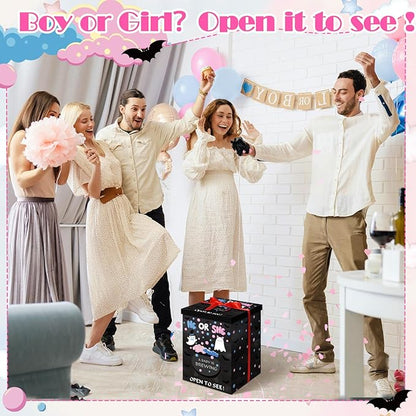 Hungdao Gender Reveal Balloon Box with Ribbon and 10 Pink and Blue Balloons Gender Reveal Games He or She Open to See for Party Decoration 12 x12 x16 (Ghost)