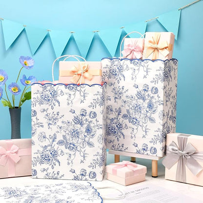 Kolldenn 24 Pcs Blue Floral Party Favor Bags with Handles 10 x 5 x 13 Inch Large Scalloped Wildflower Goodie Candy Gift Treat Bags for Birthday Decoration for Bridal Baby Shower Party Supplie