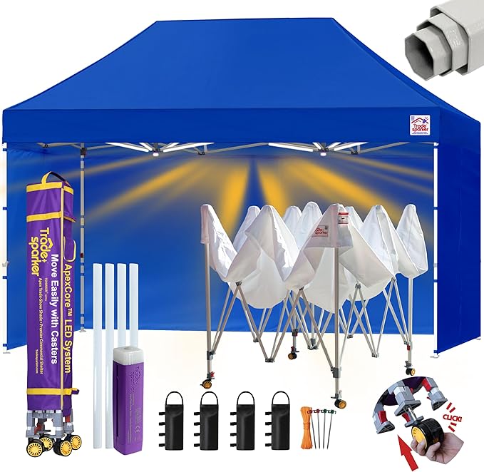 Tradesparker Pop Up Tent,Commercial Movable Canopy with ApexCore LED&Rugged Casters-Instant Easy Setup Shelter Canopies with Weight Bags&Stakes for Outdoor Events(8x12, with 4 Sidewalls, Blue)