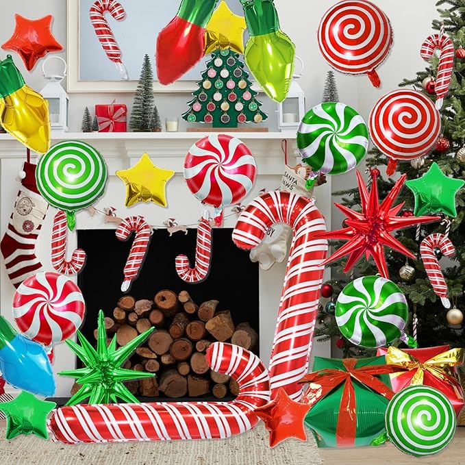 35Pcs Christmas Foil Balloons Set, Xmas Swirl Candy Cane Light Star Mylar Big Gift Boxes Balloons for Christmas New Year Xmas Party Decorations