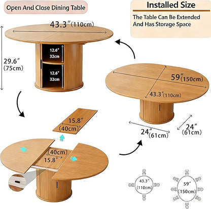 Wildhome Extendable Round Dining Table for 2-4-6, 59 Inch Dining Room Kitchen Table with 2-Tier Storage Shelf, Modern Farmhouse Fluted Wood Slide Door Dinner Furniture,Oval Circle,Oak