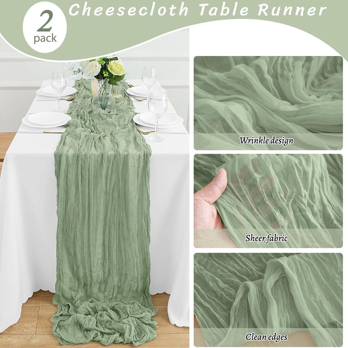 2Pack Sage Green Table Runner 10FT Cheesecloth Table Runner 35x120Inch Long Boho Gauze Cheese Cloth Table Runners Rustic Sheer Table Runners for Wedding Baby Shower Bridal Shower Decor