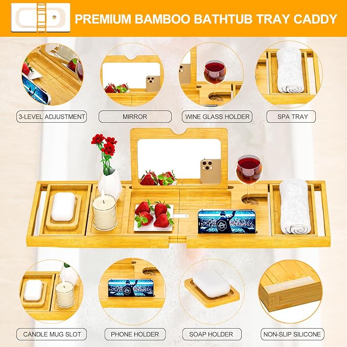 Premium Bathtub Tray Caddy with Makeup Mirror Bamboo - Bath Tray Expandable- Unique House Warming Gifts, New Home, Anniversary & Wedding Gifts for Couple, Bridal Shower Gift for Wome