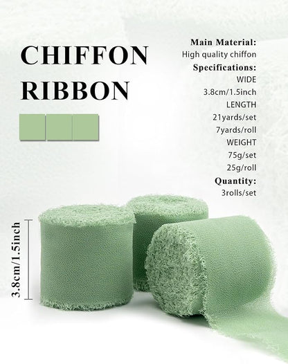 Chiffon Ribbon, Sage Green Silk 1.5''x21Yd Handmade Frayed Fringe Ribbons for Wrapping, DIY Bows, Invitations, Bridal Bouquets, Crafts, Birthday, Wedding, Engagement, Party Decoration, 3 Rolls