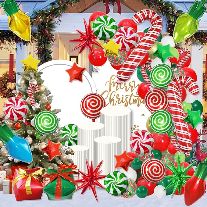 35Pcs Christmas Foil Balloons Set, Xmas Swirl Candy Cane Light Star Mylar Big Gift Boxes Balloons for Christmas New Year Xmas Party Decorations