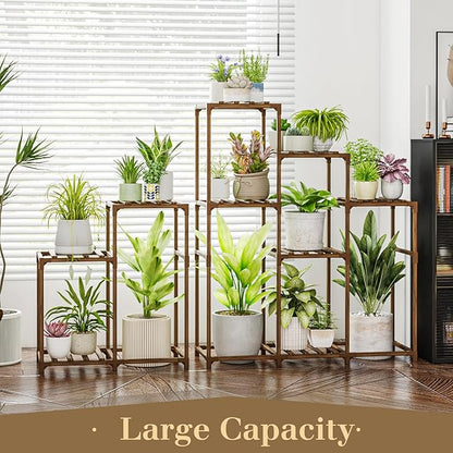 Bamworld 2 Sets Plant Stands Indoor Tall Shelves Outdoor for Multiple Flowers 10 Pots Wooden Rack for Living Room Balcony Garden