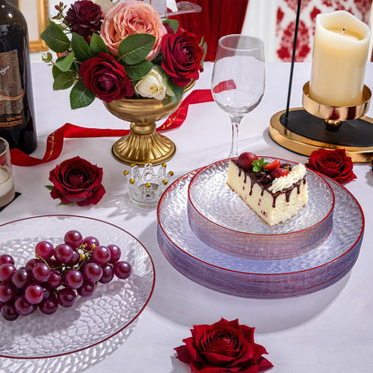 Rubtlamp 60Pcs Red Plastic Plates, Clear Plastic Plates, Heavy Duty Disposable Plates for Party, Fancy Hammered Plates Include 30 Red Dinner Plates 30 Clear Cake Plates For Wedding