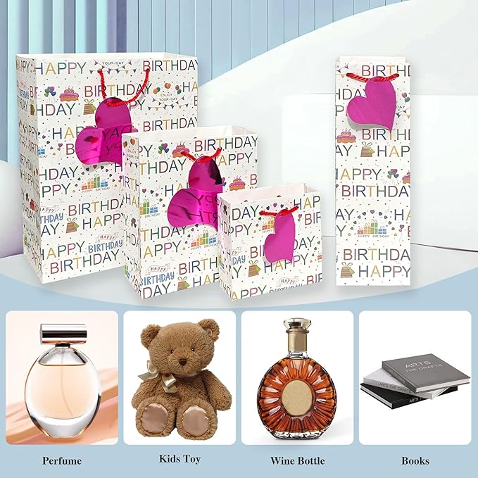 6 Pack Happy Birthday Gift Bags With Handles and 8 Colorful Tissue Papers,Assorted Size of Paper Gift Bag for Boy/Girls Kids Women Birthday Party, Anniversay Celebrations