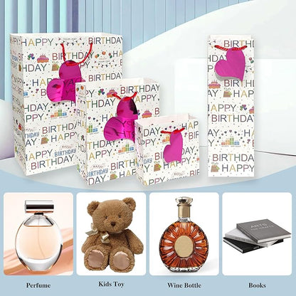 6 Pack Happy Birthday Gift Bags With Handles and 8 Colorful Tissue Papers,Assorted Size of Paper Gift Bag for Boy/Girls Kids Women Birthday Party, Anniversay Celebrations
