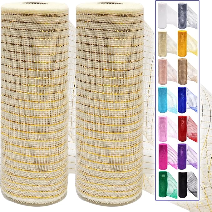 2 Pcs Ivory Deco Mesh Ribbon Rolls 10 Inch 10 Yards(30 ft) Decorative Mesh Fabric with Foil for Wreaths Christmas Tree Ribbon Door DIY Craft Halloween Decor Wedding Party Supplies (Ivory & Gold, 2Pcs)