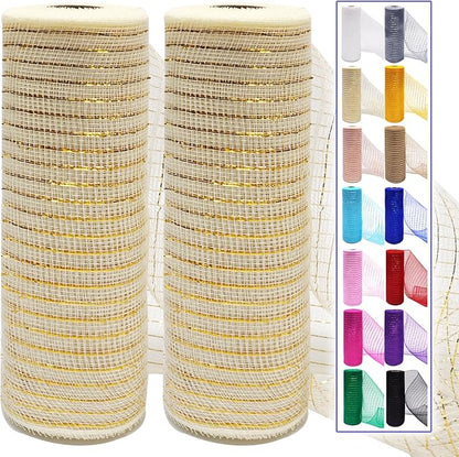 2 Pcs Ivory Deco Mesh Ribbon Rolls 10 Inch 10 Yards(30 ft) Decorative Mesh Fabric with Foil for Wreaths Christmas Tree Ribbon Door DIY Craft Halloween Decor Wedding Party Supplies (Ivory & Gold, 2Pcs)