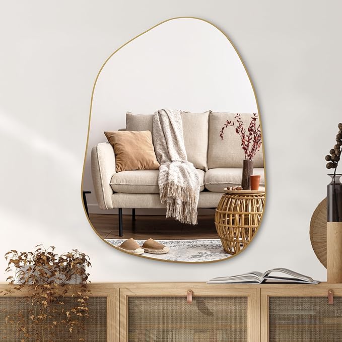 PERFNIQUE Irregular Wall Mirror Asymmetrical Mirror, 32''x24'' Gold Mirror for Bathroom Bedroom Living Room Entryway, Decorative Modern Boho Decor, Wall Mouted(Gold, 32''x24'')