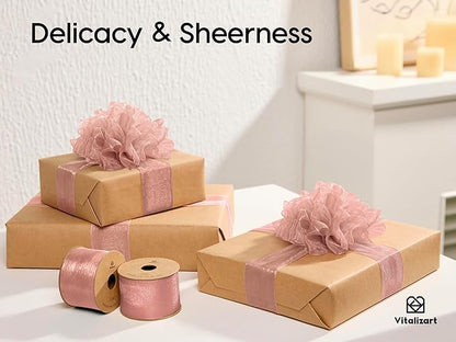 Vitalizart Pink Organza Ribbon 1.5" x 30 Yd Rose Gold Sheer Ribbons for Gift Wrapping Crafts Christmas Party Decor Bows Wedding Invitations Wreaths Bouquet