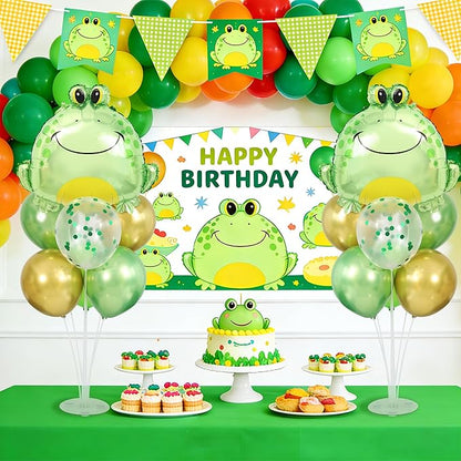 Frog Balloons Centerpieces for Tables 2 Sets, Green Frog Balloons Stands for Table, Frog Birthday Party Decorations with Frog Head Aluminum Foil Balloons for Frog Birthday Decorations