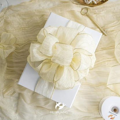 HUIHUANG Ivory Wired Ribbon 2-1/2 inch Cream Metallic Silk Wire Edge Ribbon for Crafts Gift Wrapping Basket Wreaths Bows Making Home Wedding Decor Christmas Tree Bows -Continuous 10 Yards