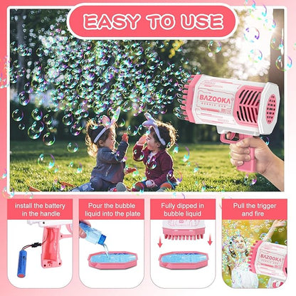 Bubble Machine Gun, 69 Holes Bubble Gun with Lights, Pink Outdoor Summer Beach Kids Bubbles Toys Birthday Wedding Party Halloween Fun for Girls Boys