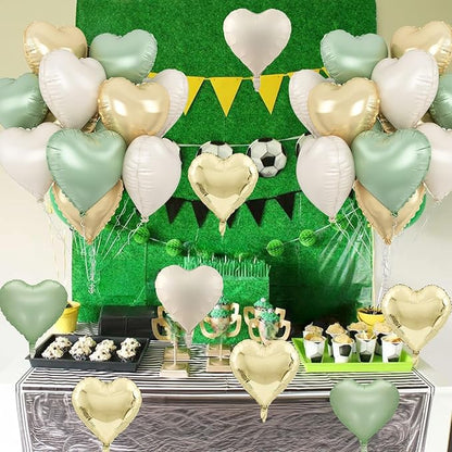 Sage Green Gold Heart Balloons, 12PCS Green Gold Heart Shaped Foil Balloons, 18Inch Green Cream White Heart Helium Foil Balloon for Jungle Woodland Birthday Wedding Baby Shower Party Decoraion