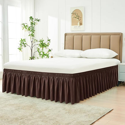 Biscaynebay Wrap Around Bed Skirts for Twin & Twin XL Beds Short Drop of 12", Brown Adjustable Elastic Dust Ruffles Easy Fit Wrinkle Resistant Silky Luxurious Fabric Machine Washable