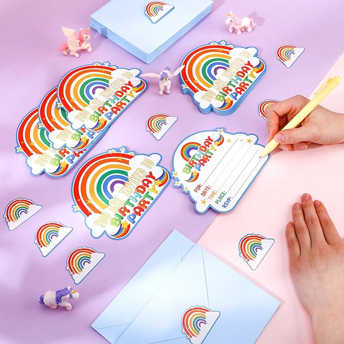 Hotop 24 Sets Rainbow Birthday Invitations with Envelopes and Stickers FOR GIRLS Party Invitations for Kids Birthday Baby Shower Party