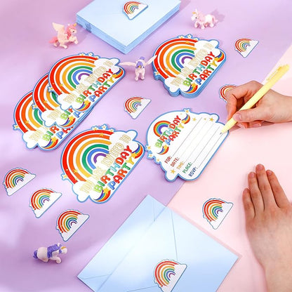 Hotop 24 Sets Rainbow Birthday Invitations with Envelopes and Stickers FOR GIRLS Party Invitations for Kids Birthday Baby Shower Party