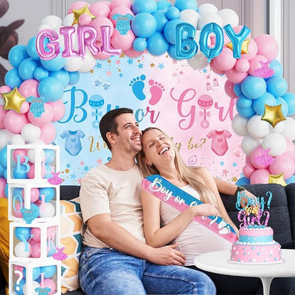 170 PCs Baby Boxes Gender Reveal Decorations, Hombae Boy or Girl Gender Reveal Decorations What Will Baby Be Backdrop Balloon Garland Banner Tablecloth Cake Cupcake Topper Cutout Poster Sash Pink Blue
