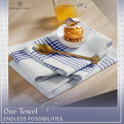 Waffle White & Indigo Blue Kitchen Towels 12 Pack, 100% Cotton, 16x26 inches, Premium Dish Towel, Long Lasting Bar Mop Cloths, Perfect for Drying Dishes, Cooking and Cleanup