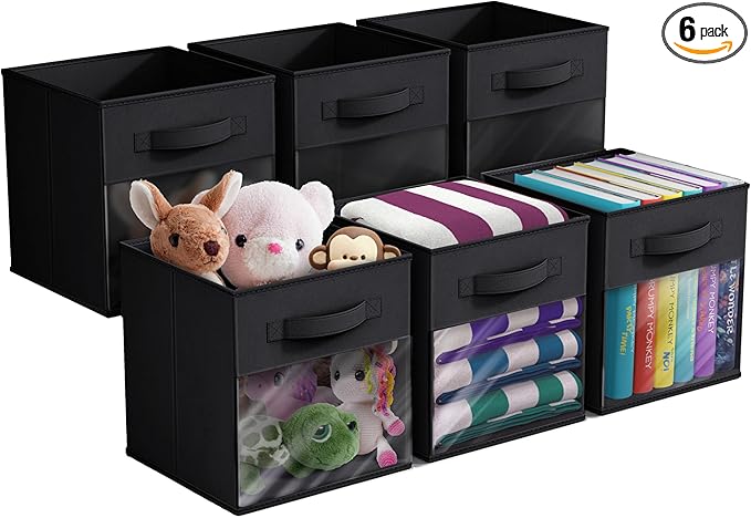 Sorbus 11 Inch Storage Bins with Clear Window - 6 Foldable Baskets for Organizing Clothes, Toys, Books - Sturdy Collapsible Fabric Storage Cubes with Handle - Storage Baskets for Shelves, Closets