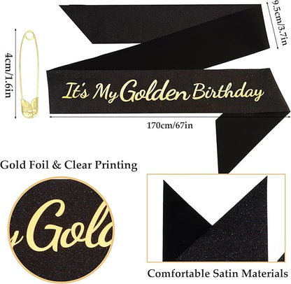 It's My Golden Birthday Sash - Black Glitter with Gold Foil Golden Birthday Sash for Women Girls Funny Party Favor Supplies Accessories