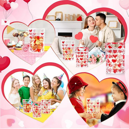 Blosssound 50 Pcs Valentine's Day Gift Bags Valentines Standing Plastic Reusable Red Heart Bag with Handles Galentines Day Wrapping Pouch for Classroom Wedding Birthday Party Favor (Mixed Valentines)