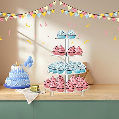 Jusalpha Large 4 Tier Cupcake Stand,Acrylic Round Cake Stand Dessert Tower Tea Party Serving Platter, Cupcake Tree Wedding Party Décor, Stand with Rod Feet (4RF)