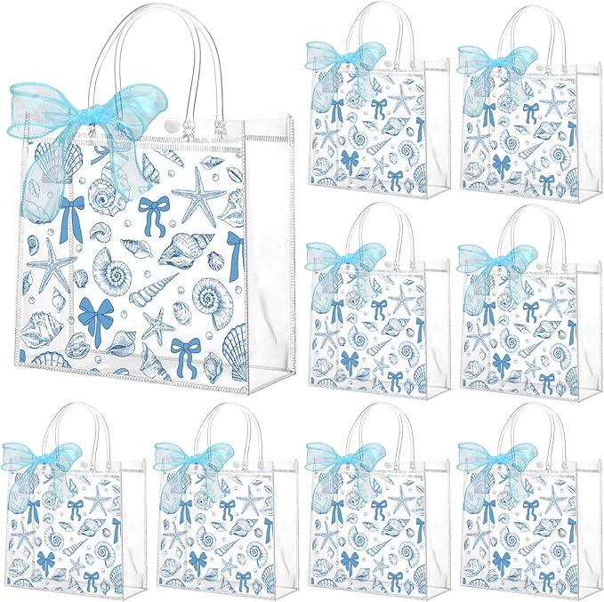Motipuns 24 Pcs Clear PVC Gift Bags with Handles and Ribbon Party Favor Reusable Plastic Goodie Candy Treat Bags for Birthday Party Supplies(Ocean)