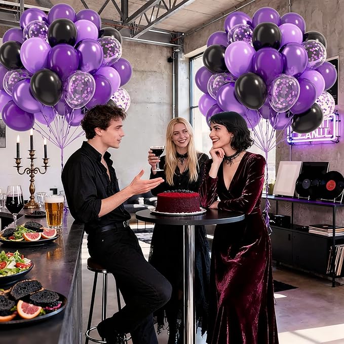 60pcs Purple and Black Balloons 12inch, Black Metallic Dark Purple Confetti Balloons for Birthday Party Decorations