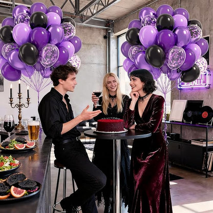 60pcs Purple and Black Balloons 12inch, Black Metallic Dark Purple Confetti Balloons for Birthday Party Decorations