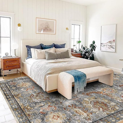RUGSURE Washable Area Rugs - Perfect for Living Room, Bedroom, Kids Room, Nursery - Stain & Water Resistant Non-Slip, Pet & Child Friendly, Vintage Tribal Area Rugs (Turmeric and Grey, 3' x 5 ')