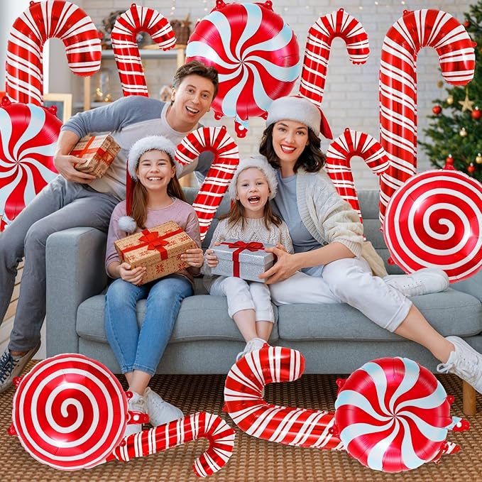 Christmas Candy Cane Balloons, 24 Pcs Christmas Foil Mylar Balloons, Large Red Candy Cane Balloons for Xmas Birthday Candy Themed Party Decorations
