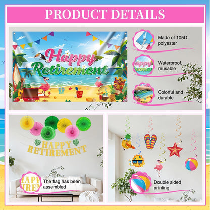 Luau Hawaiian Retirement Party Decorations, 23Pcs Beach Retirement Party Happy Retire ment Banner Backdrop, Tropical Retire ment Decorations Honeycomb Centerpieces Hanging Swirls Paper Fans