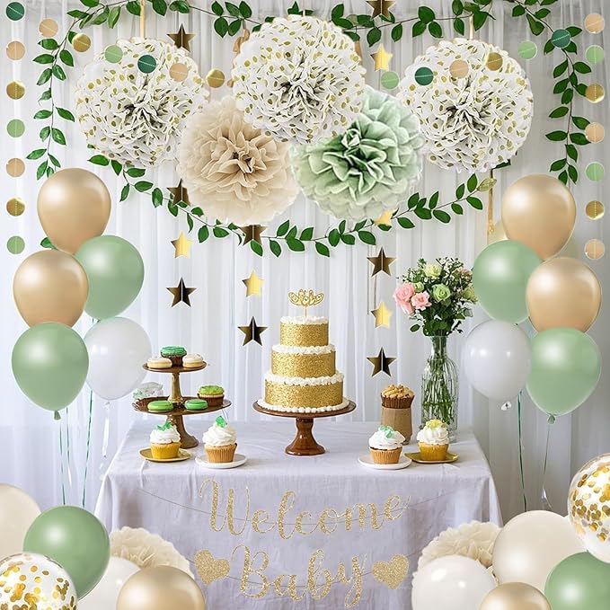 Baby Shower Decorations Sage Green Balloons Welcome Baby Banner, Pom Poms Flowers , Circle Dots Star Garland, Boys or Girls Gender Reveal Birthday Party Supplies
