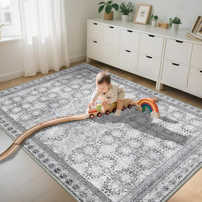 5x7 Washable Area Rug for Living Room Faded Grey, Non Slip Vintage Floral Bedroom Rugs Retro, Traditional Indoor Floor Carpet for Dining Room, Kitchen, Farmhouse, Office Classroom