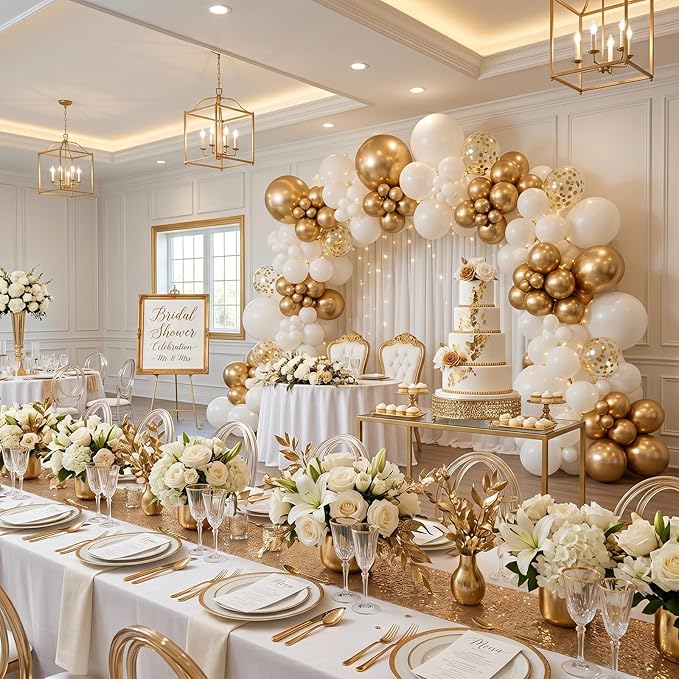 60pcs White and Gold Balloons Kit, 12 Inch Chrome Metallic Gold White Gold Confetti Latex Balloons Set for Class of 2026 Graduation, Baby Bridal Shower Wedding Birthday Party Supplies