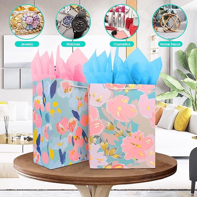 Large Gift Bag for Women Girl Her with Tissue Paper,Elegant Birthday Gift Bags with Flower Foil Gold Marking,Big Gift Bag Birthday Gift Wrap Bag Present Bag for Mother's Day Anniversarie Any Occasion