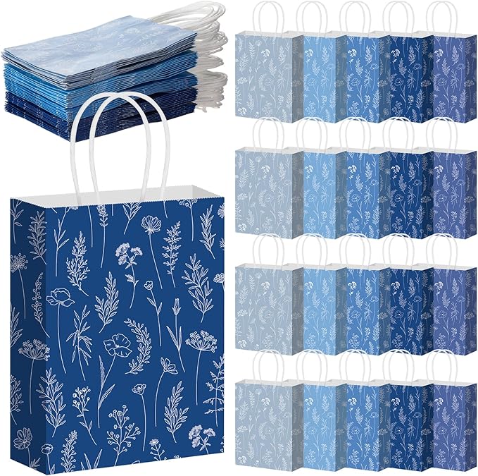 Kolldenn 50 Pcs Blue Wildflower Gift Bags with Handles Paper Floral Goodie Welcome Bag for Wedding Guest Baby Shower Bridal Birthday Party Favor, 5.91 x 3.15 x 8.27 Inches