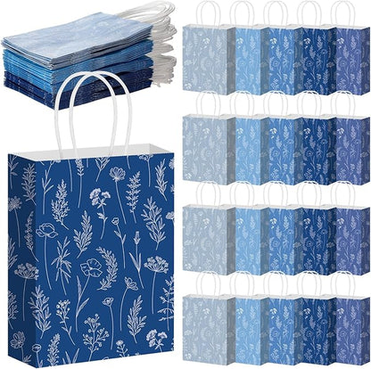 Kolldenn 50 Pcs Blue Wildflower Gift Bags with Handles Paper Floral Goodie Welcome Bag for Wedding Guest Baby Shower Bridal Birthday Party Favor, 5.91 x 3.15 x 8.27 Inches
