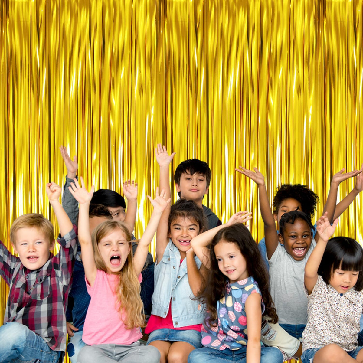GOER 3.2 ft x 9.8 ft Metallic Tinsel Foil Fringe Curtains Party Photo Backdrop Party Streamers for Birthday,Graduation,New Year Eve Decorations Wedding Decor (4 Packs,Gold)